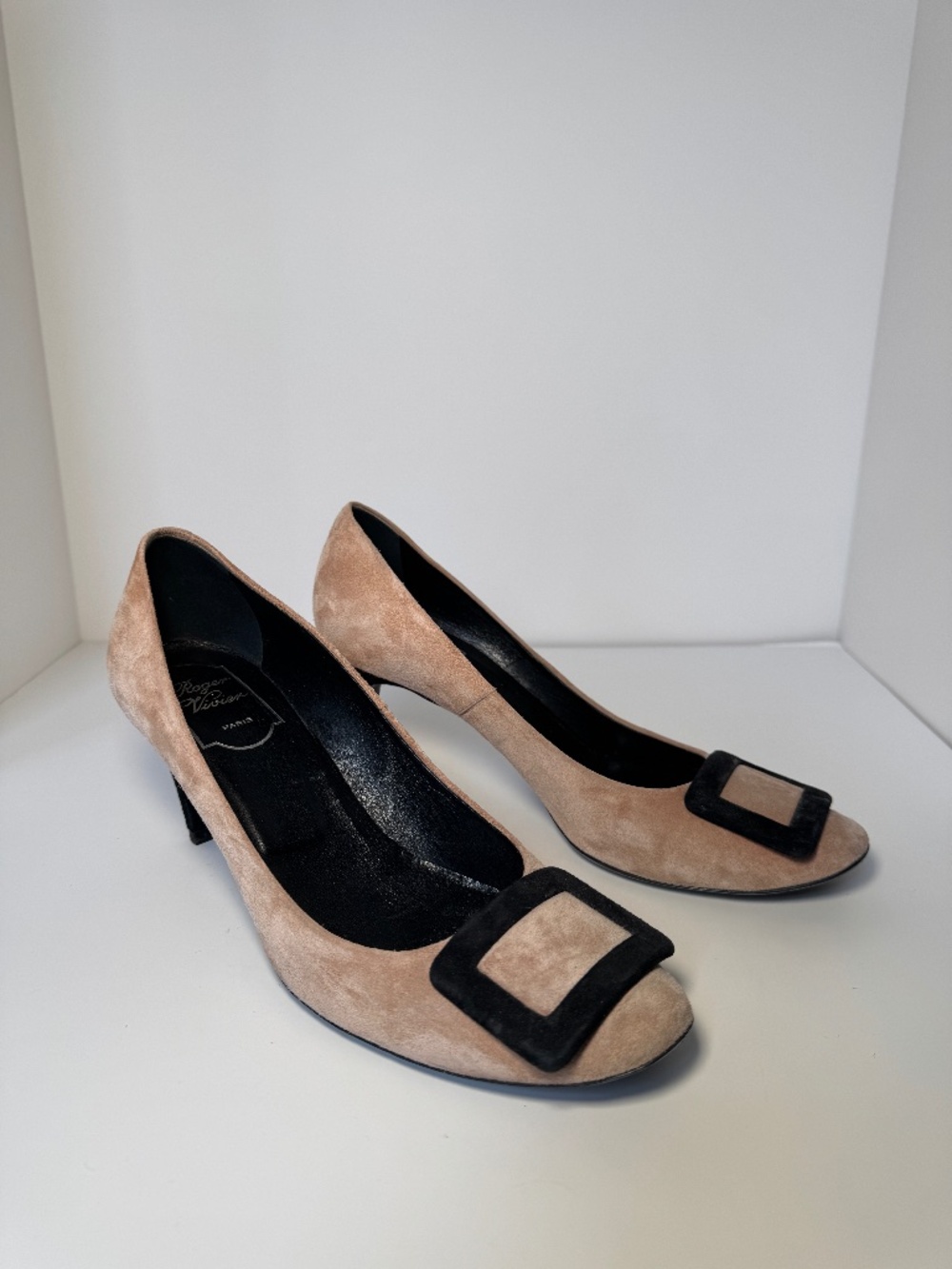 Roger Vivier Suede Heel Nude and Black with Classic Buckle